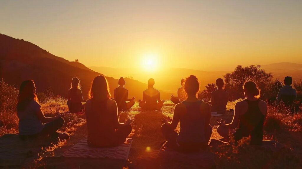 a vibrant sunrise illuminates a peaceful landscape where a diverse group of individuals engages in creative activities, symbolizing the transformative power of imagination on their wellness journey.