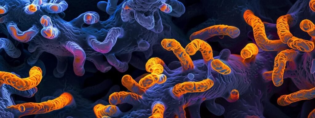 a vivid scene capturing a microscopic view of the human metapneumovirus, showcasing its intricate structure illuminated by ethereal light, emphasizing the theme of viral infection and its impact on human health.