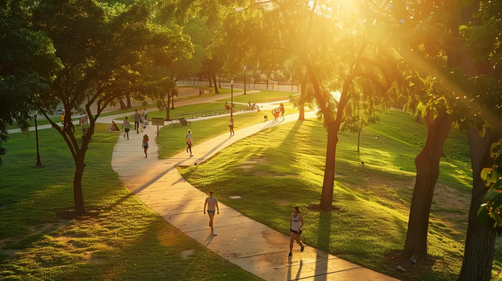 a vibrant outdoor park scene unfolds with people energetically engaging in diverse workout routines amidst lush greenery and sun-dappled pathways, showcasing the transformative power of nature in fitness.