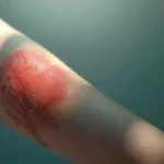 a close-up shot of a red bullseye rash on a pale arm, vividly displaying the early symptom of lyme disease against a sterile, clinical background that emphasizes the urgency of diagnosis and treatment.